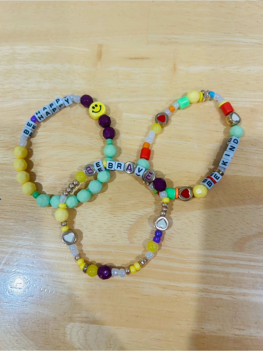 Youth/Women Beaded Bracelet Set - Yellow, Mint & Purple Inspirational Charms
